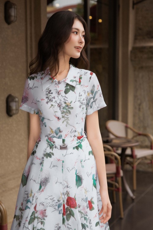 Sixdo White Organza Flared Dress